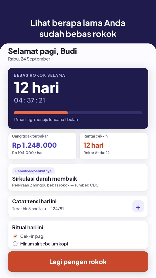 Layar Beranda Jaga menampilkan penghitung bebas rokok, uang yang hemat, dan rantai cek-in.