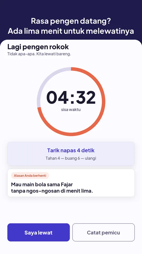 Layar bantuan saat keinginan merokok datang, dengan hitung mundur dan lingkaran napas.